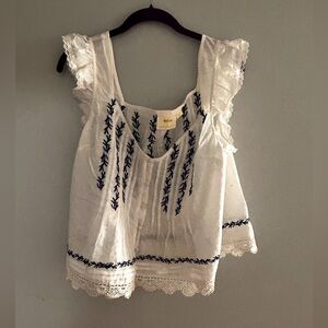 Anthropologie White and Blue Flutter Sleeve Blouse